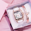 Moda feminina feminina pulseira de couro quadrada de quartzo de diamante, pulseira de pulso, relógios de luxo, conjunto de presente de cristal para mulheres
